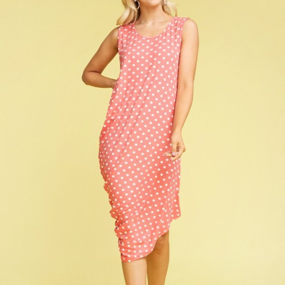Sleeveless side draped dress - Coral/Ivory Dot